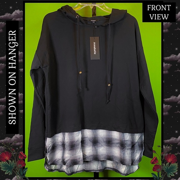 M  NWT BLACK & PLAID TRIM HOODIE/HOODED TUNIC COTTON POLYESTER BLEND - ANNABELLE - Picture 3 of 13